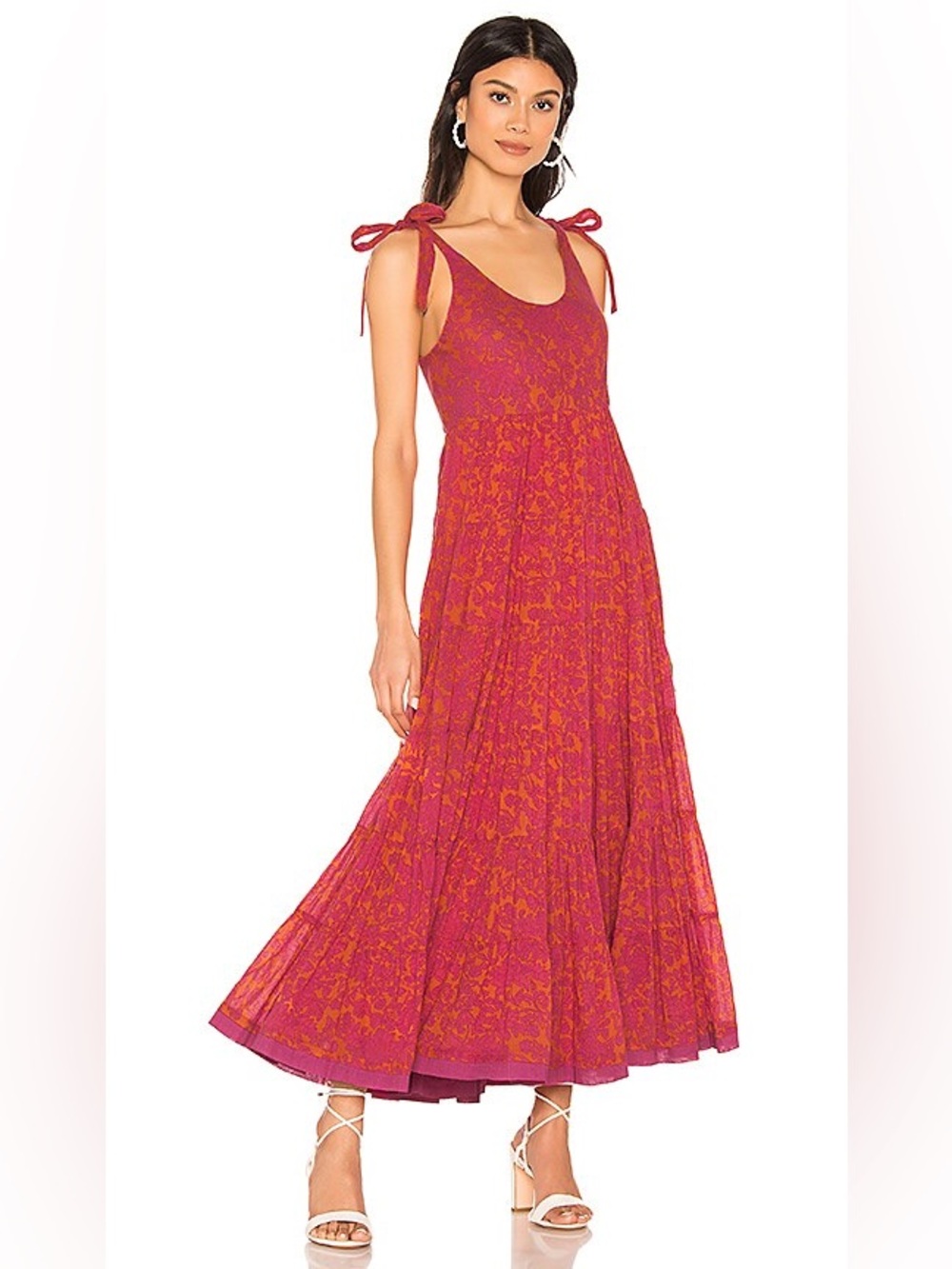 Free People Pink & Tangerine “Kikas” Printed Midi Dress Size Large